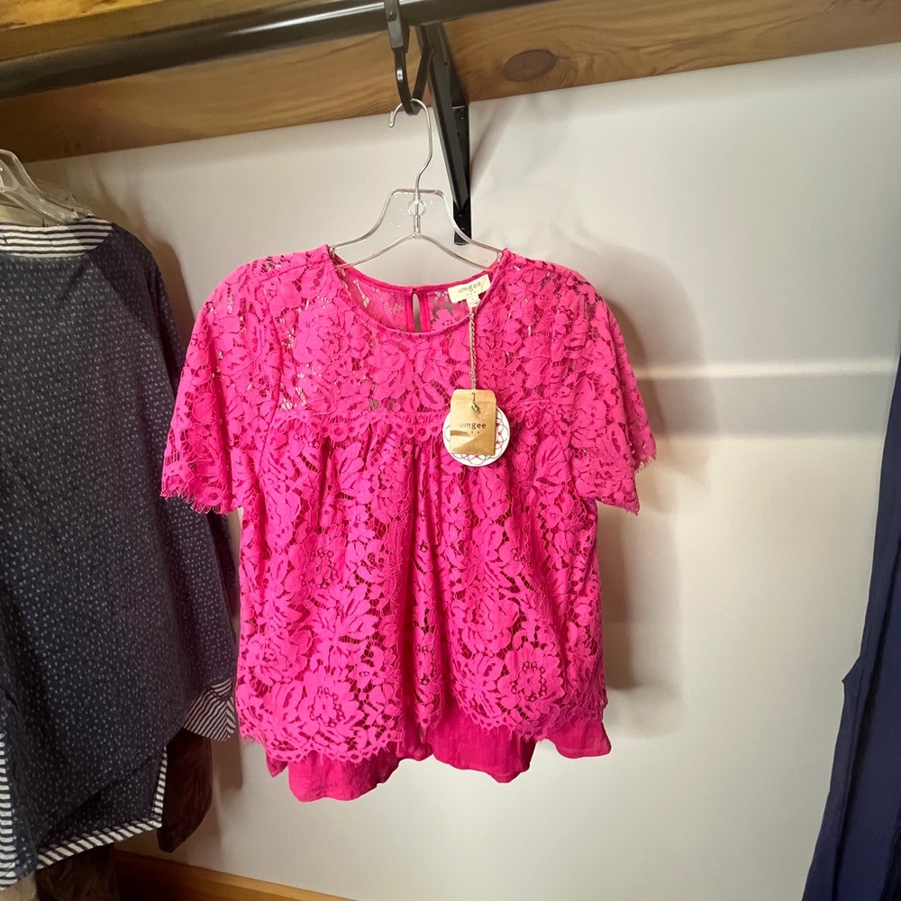 Umgee Hot Pink Lace Flutter Sleeve Blouse